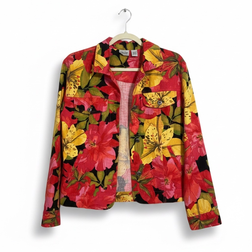 Chico's Lightweight Denim Tropical Floral Jacket- Size 0
